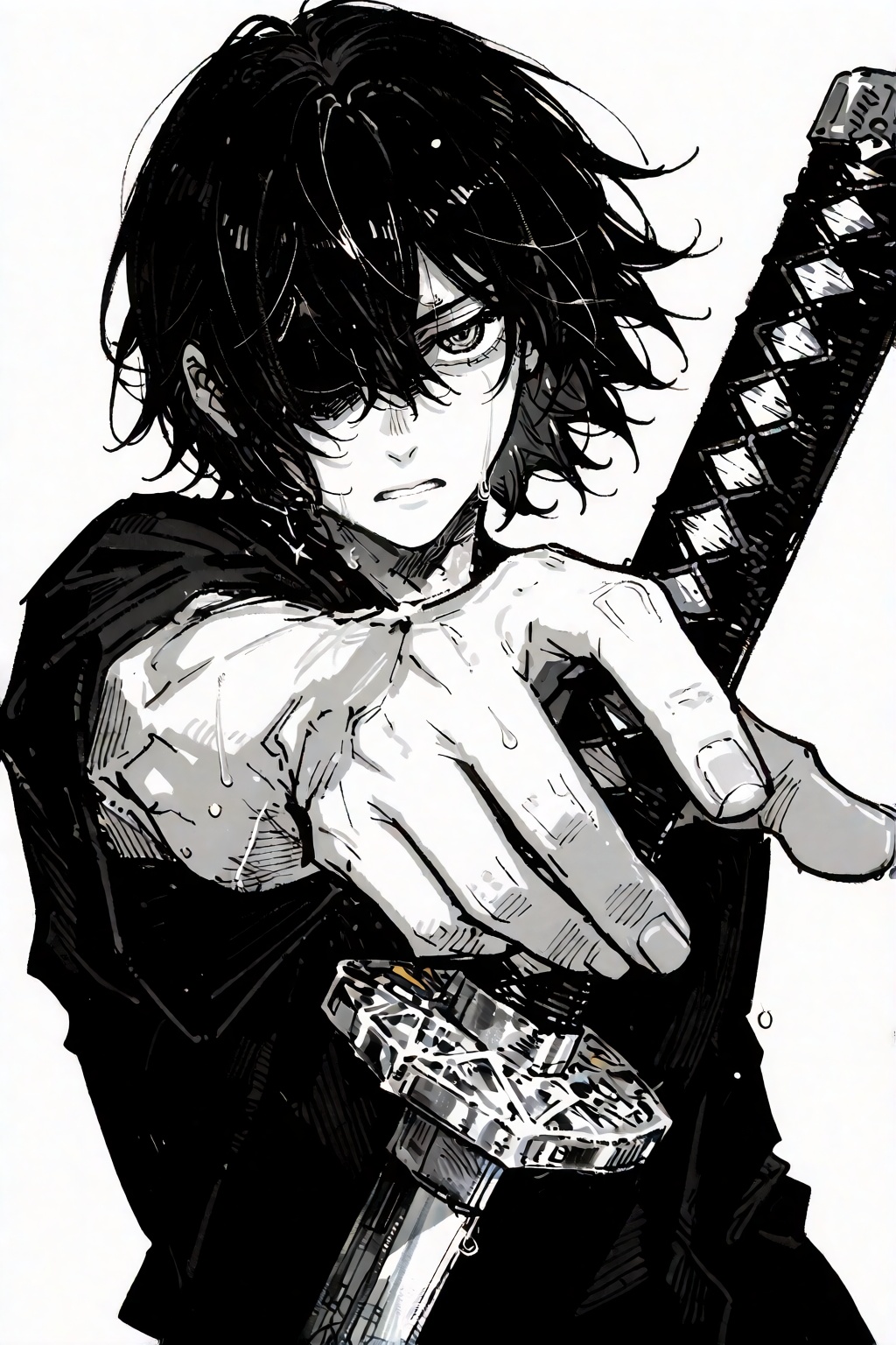 A black and white manga illustration of a sweating,  intense character reaching an outstretched,  crosshatched hand toward...