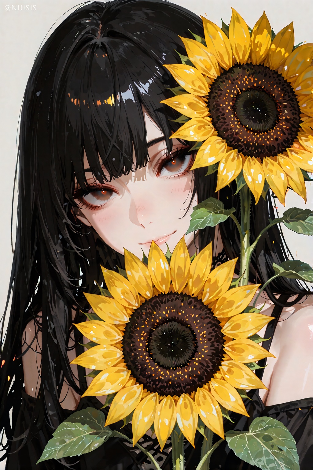 @NIJISIS,  a young woman with long black hair and bangs,  partially obscured by large on Tensor.Art