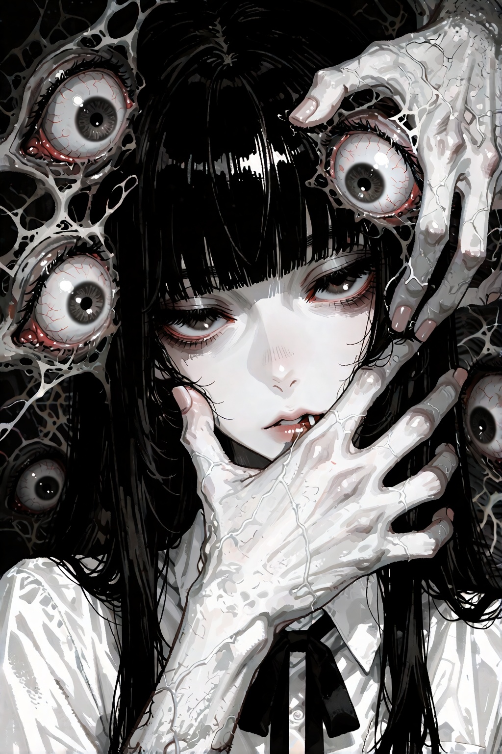 digital pixel art in the unsettling Junji Ito horror manga style,  a high-contrast monochrome portrait from a jarring,  in...