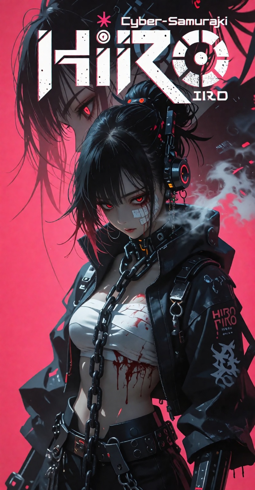 In the style of anime,  a cyberpunk warriorin front of a solid intense pink background,  huge boobs on Tensor.Art
