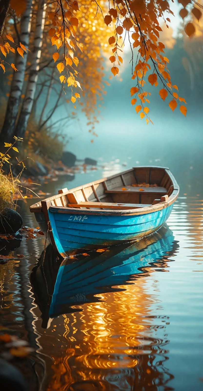 A serene autumn scene with a small empty wooden rowboat,  turquoise-blue hull and light-brown interior,  floating on calm...