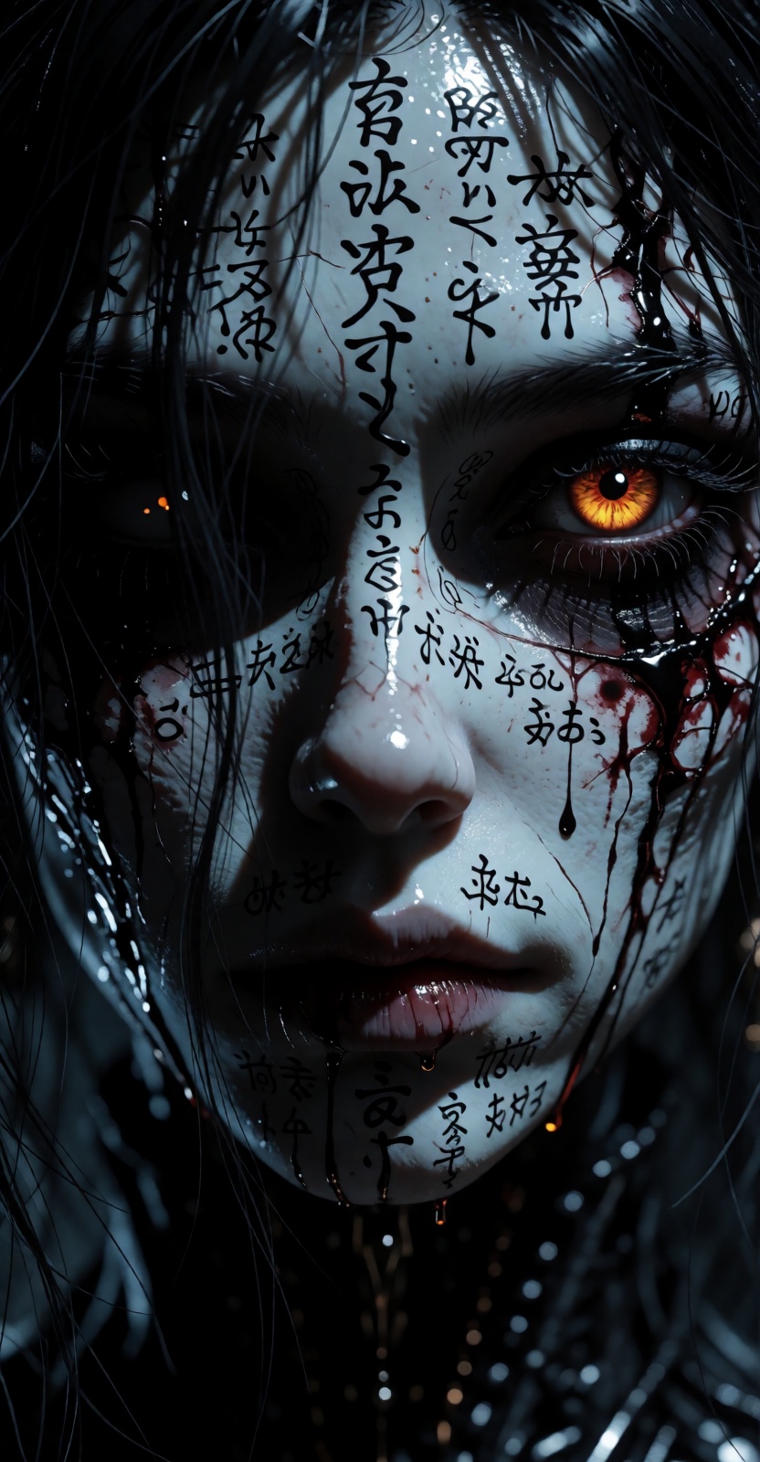 Ngam? Extreme close-up portrait of a mysterious,  dark fantasy female character with pale,  cold on Tensor.Art