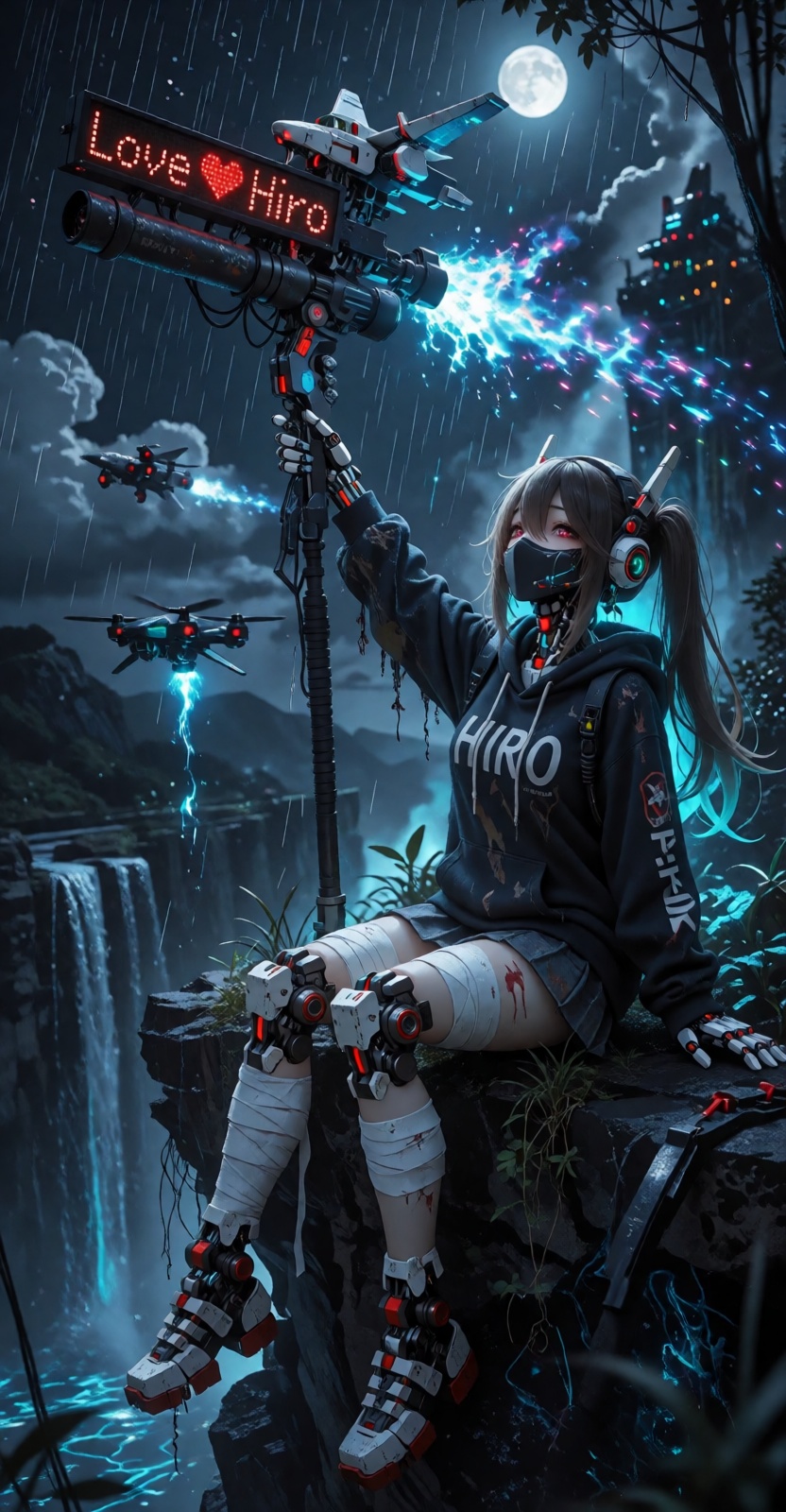 hyper realistic abandoned kingdom with cybergear and bioluminescence,  featuring a Mecha cyborg girl with long hair tied i...