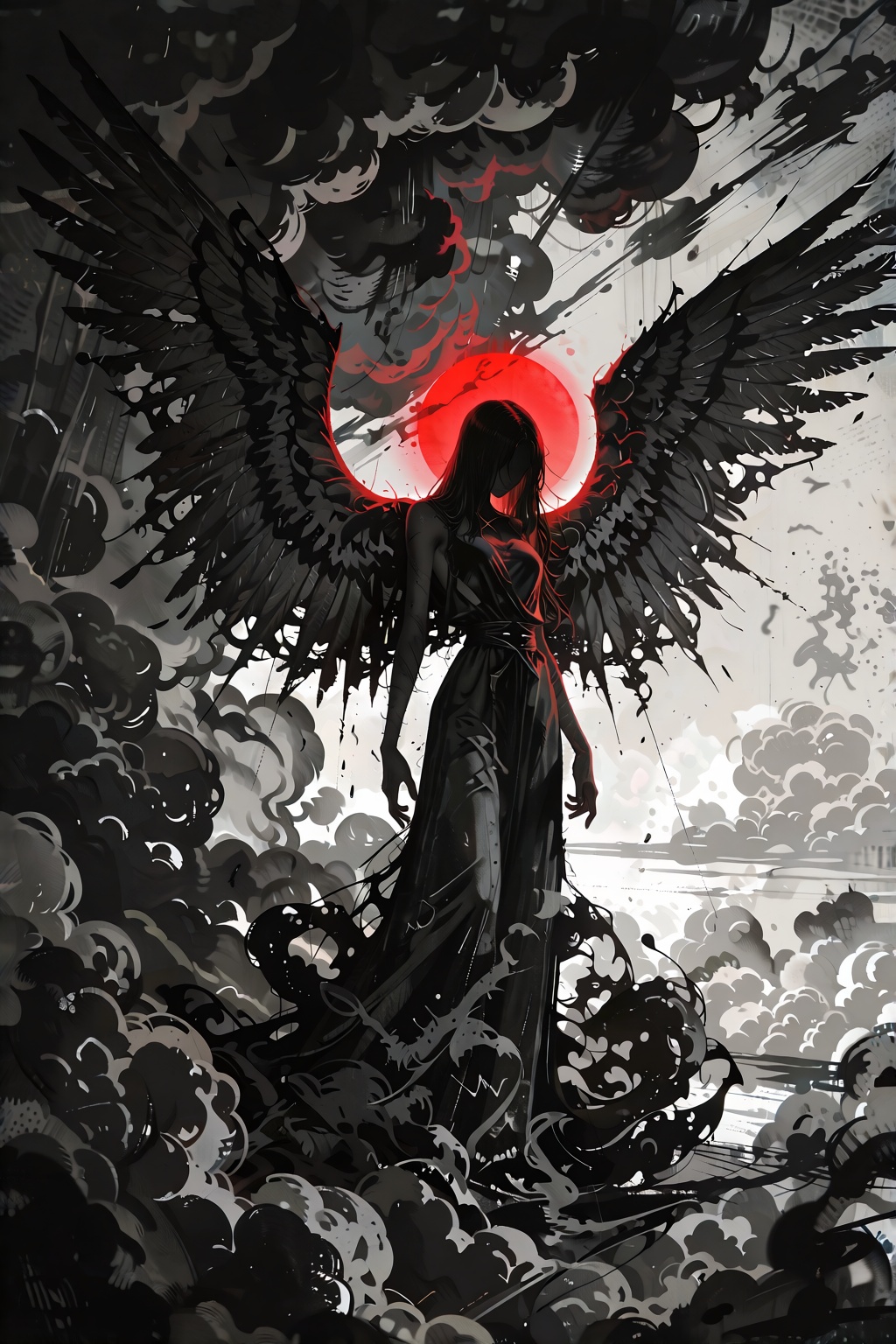 Illustration,  a mystical winged figure emerges from the center of a turbulent mass of charcoal-black clouds,  its enormou...