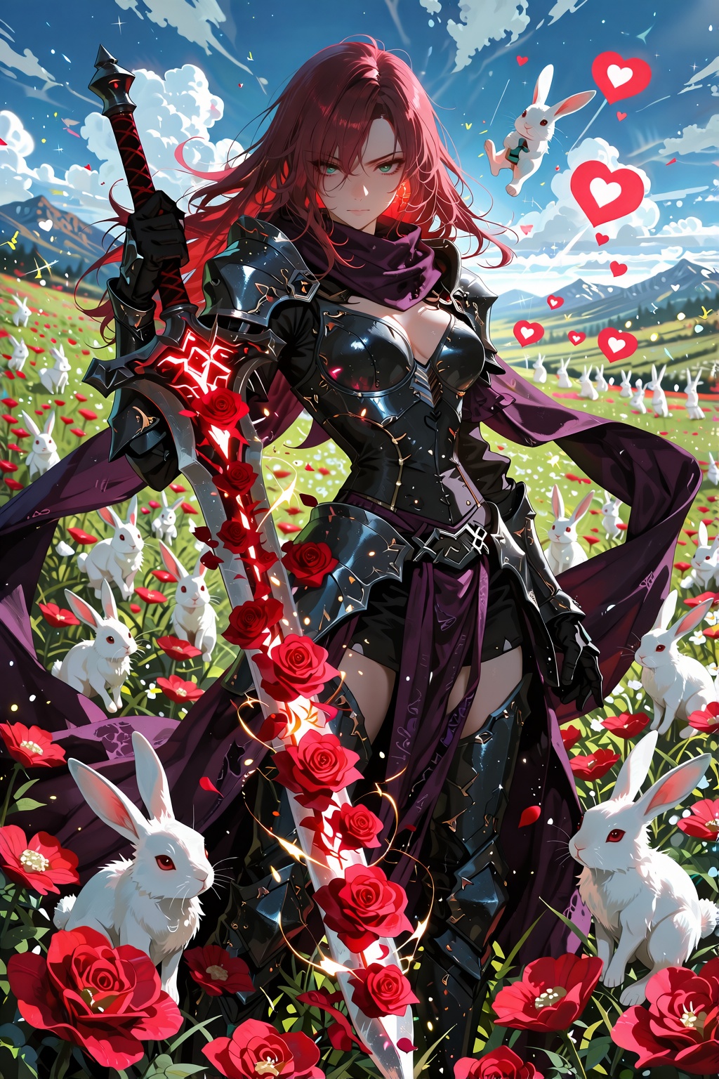 a fierce female warrior with flowing reddish-brown hair,  wearing dark fantasy armor with a deep purple scarf,  standing i...