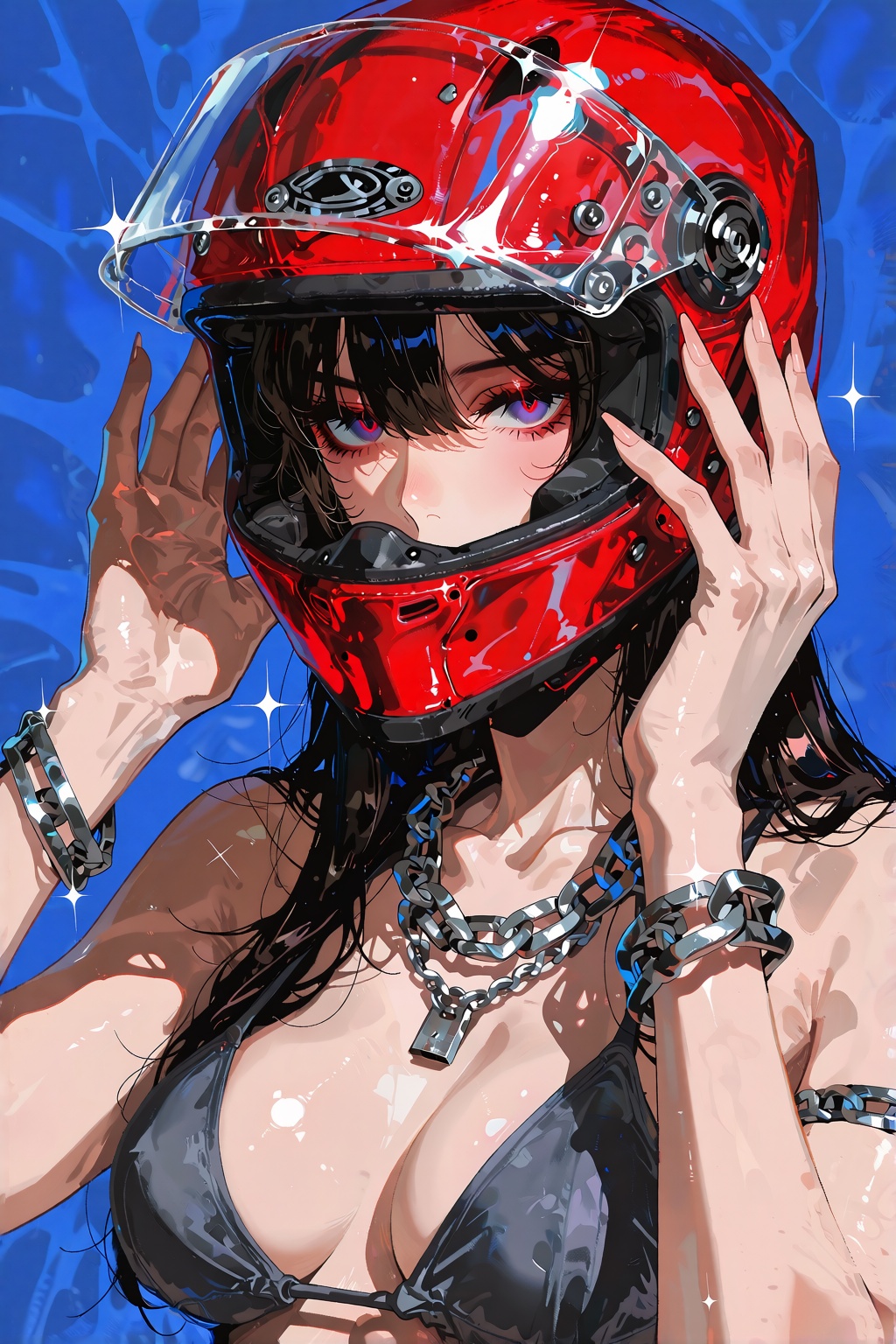 A stylized anime-inspired fashion illustration of a confident woman adjusting a glossy red motorcycle helmet,  centered ag...