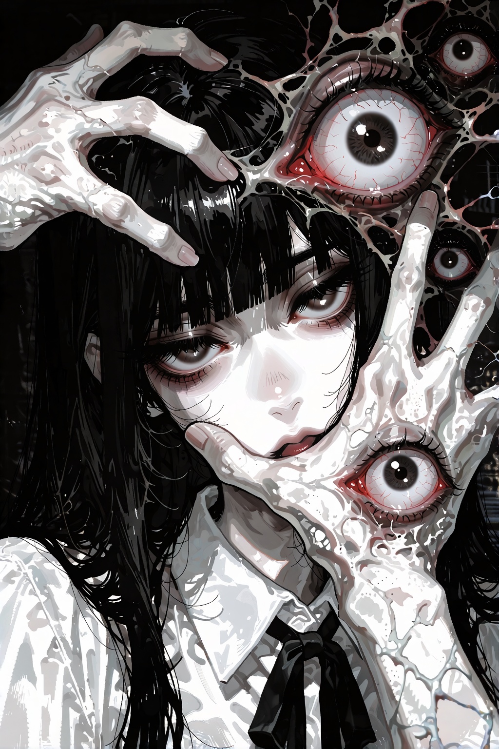 digital pixel art in the unsettling Junji Ito horror manga style,  a high-contrast monochrome portrait from a jarring,  in...