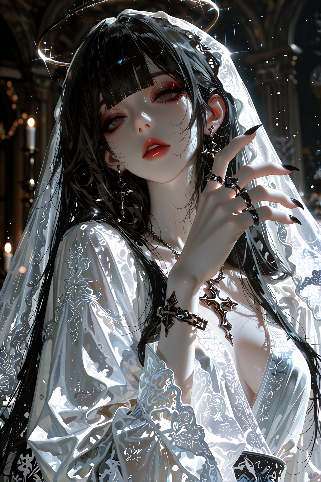 A cinematic portrait captures a gothic cosplay masterpiece in exquisite detail. A young woman stands center frame with per...