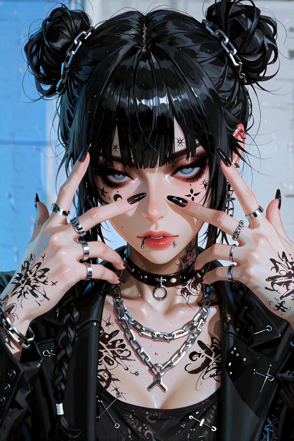 A hyperrealistic close-up portrait of a woman with an intense,  rebellious expression,  her light-colored eyes (blue or gr...