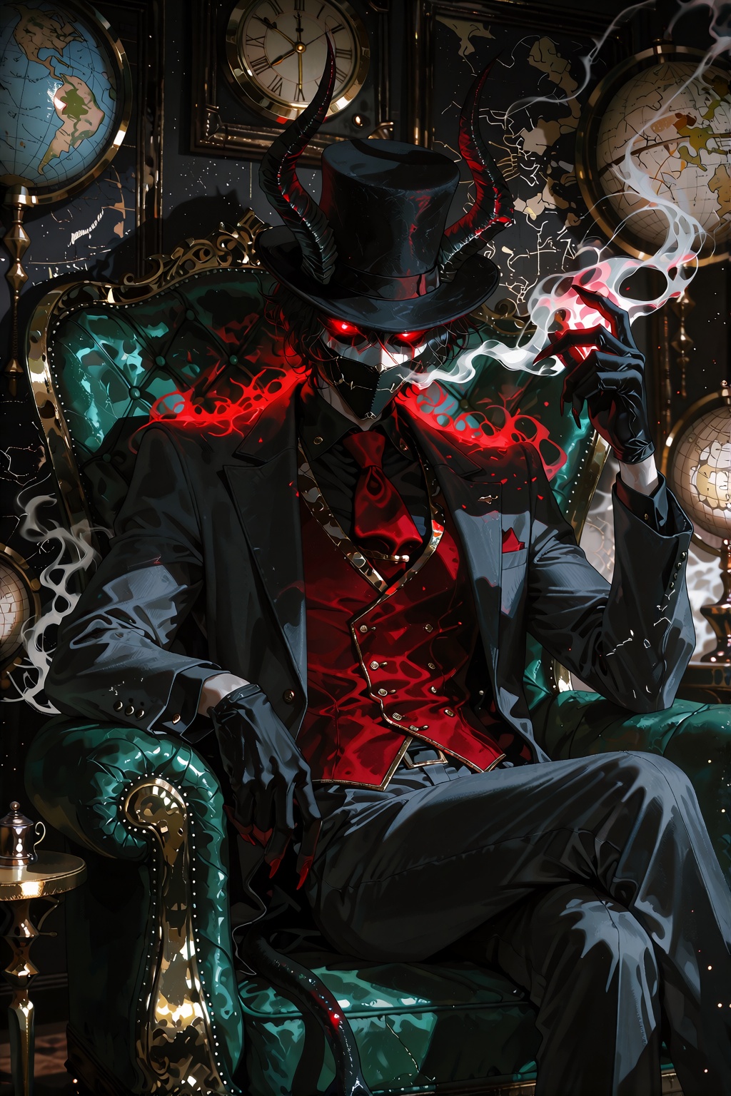 demonic figure on an ornate green armchair,  horned black top hat,  tailored grey suit on Tensor.Art