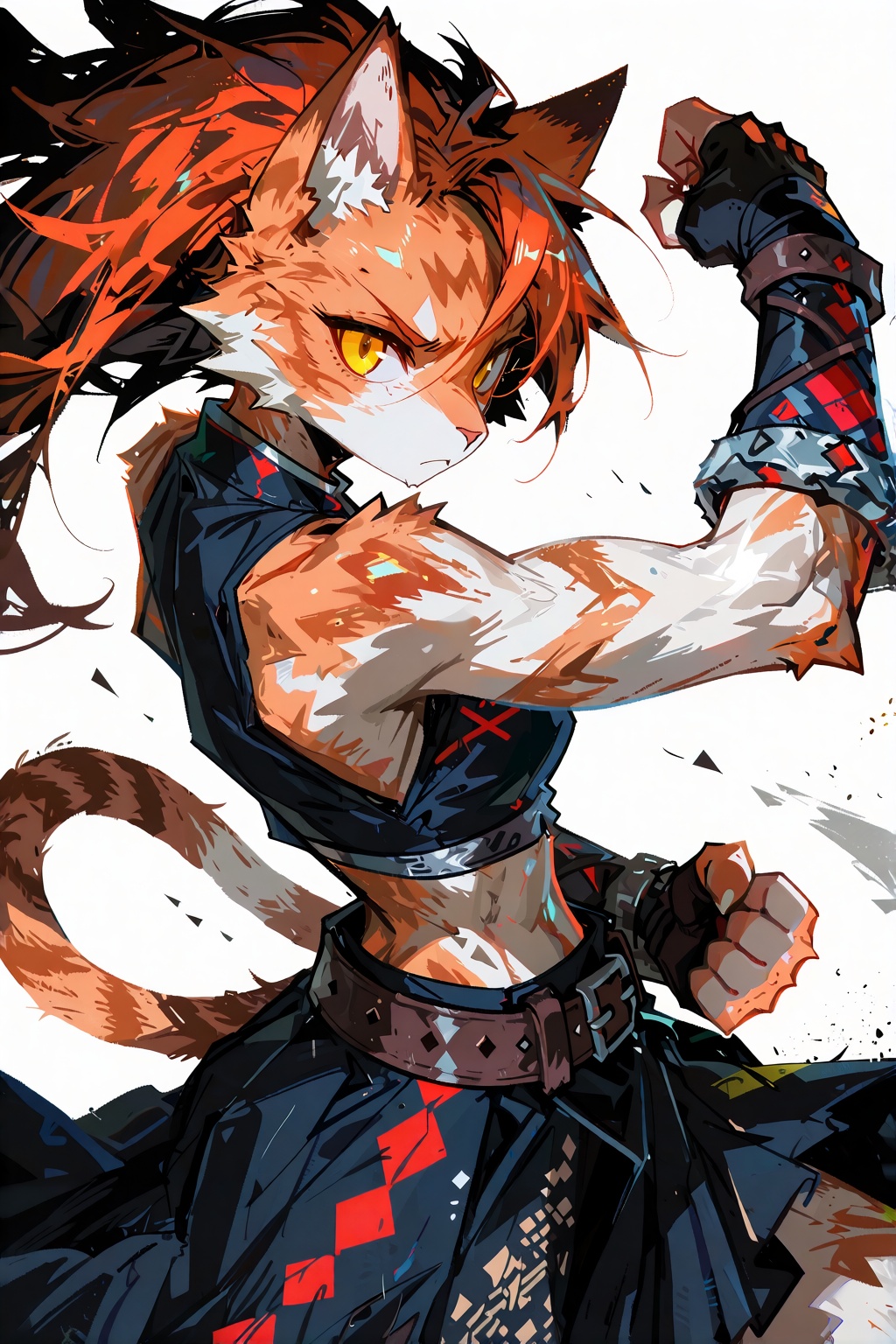 A stylized anthropomorphic feline warrior strikes a dynamic martial arts pose against a stark white background. Featuring...