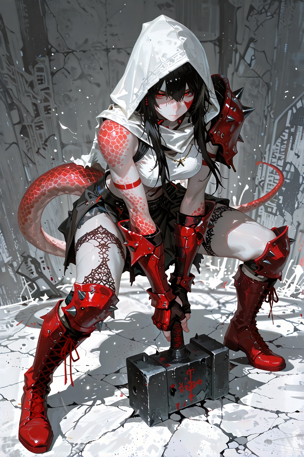 stylized female warrior with a scaly red tail crouched in a wide stance,  wearing a white hood,  intricate red segmented a...