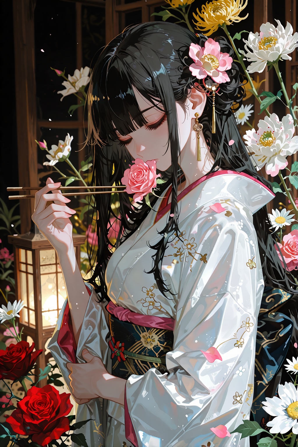 A masterfully composed portrait captures a solitary woman standing in perfect stillness,  her long black hair cascading do...