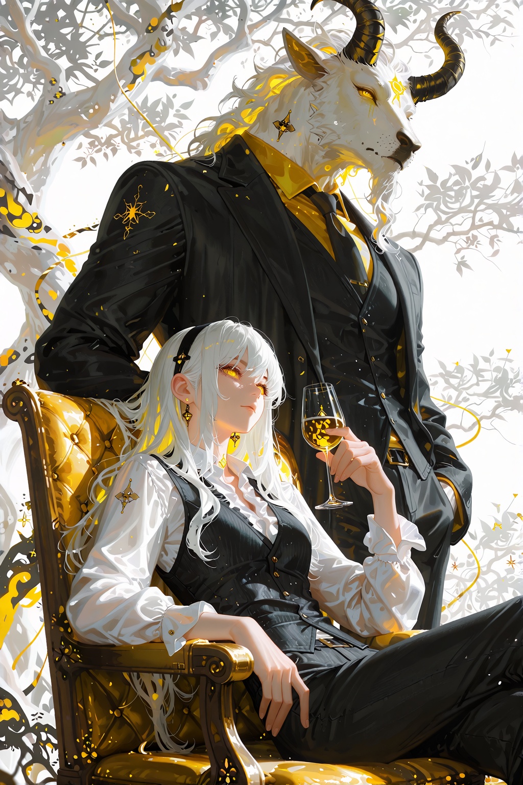 lounging youth with long white hair in ruffled shirt and dark vest on ornate gold chair,  imposing pale-horned beast in ta...