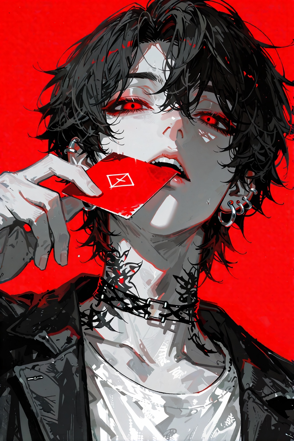 A close-up digital portrait of a pale youth with tousled dark hair holding a vivid red square card between their lips. The...