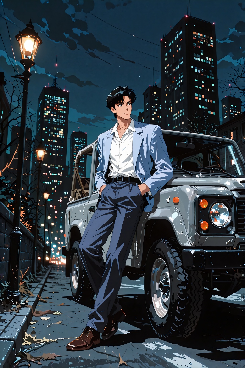 A 1990s 2D anime illustration of a dark-haired man in a light blue blazer and white collared shirt leaning against a grey...