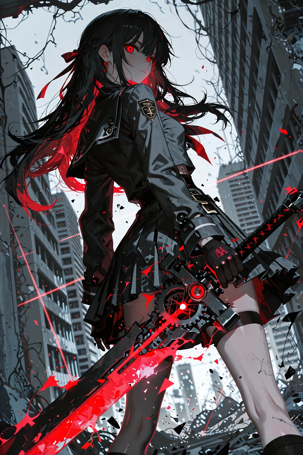A dynamic anime-style illustration features a dark-haired girl wielding a massive mechanical sword amid blazing red energy...