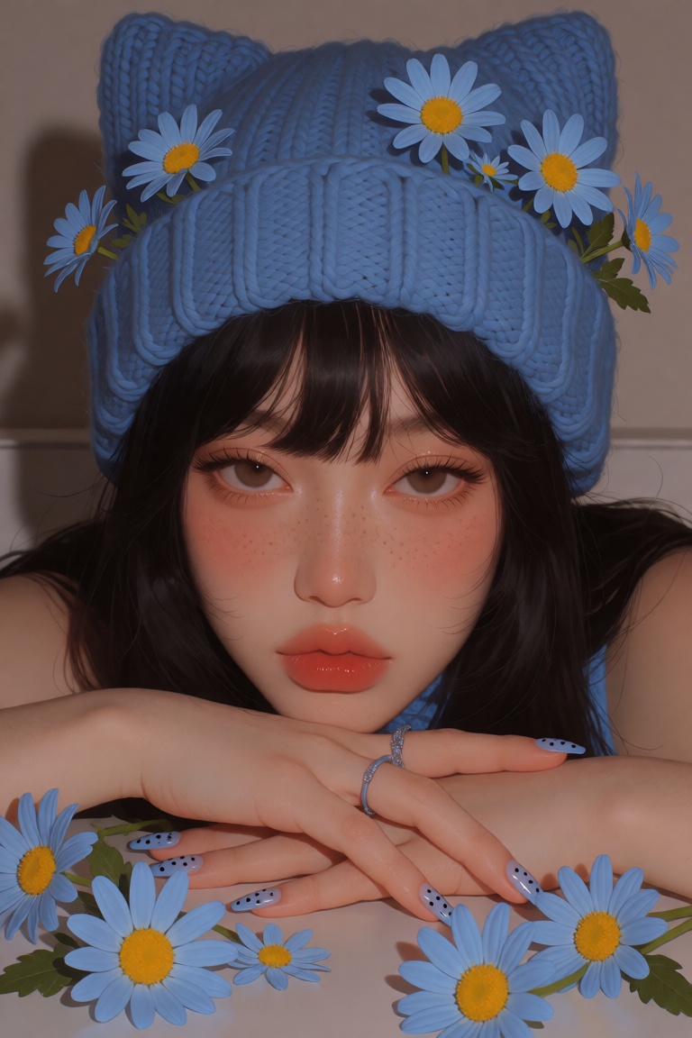 young woman with a fair,  softly flushed complexion dusted with delicate freckles,  her hair a sleek jet-black style with...