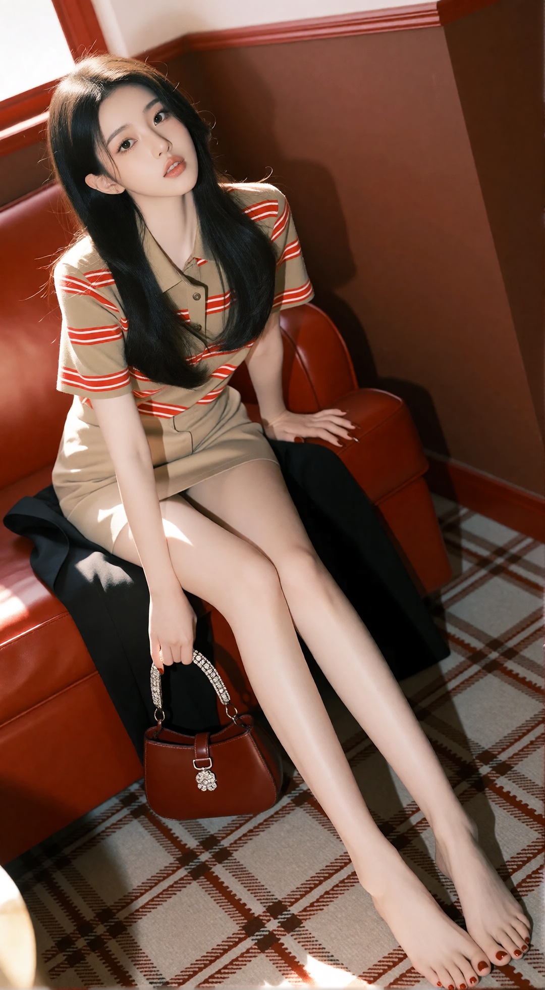真实摄影,  黑色中长发,  身穿卡其色红条纹短袖上衣、卡其色短裙 on Tensor.Art