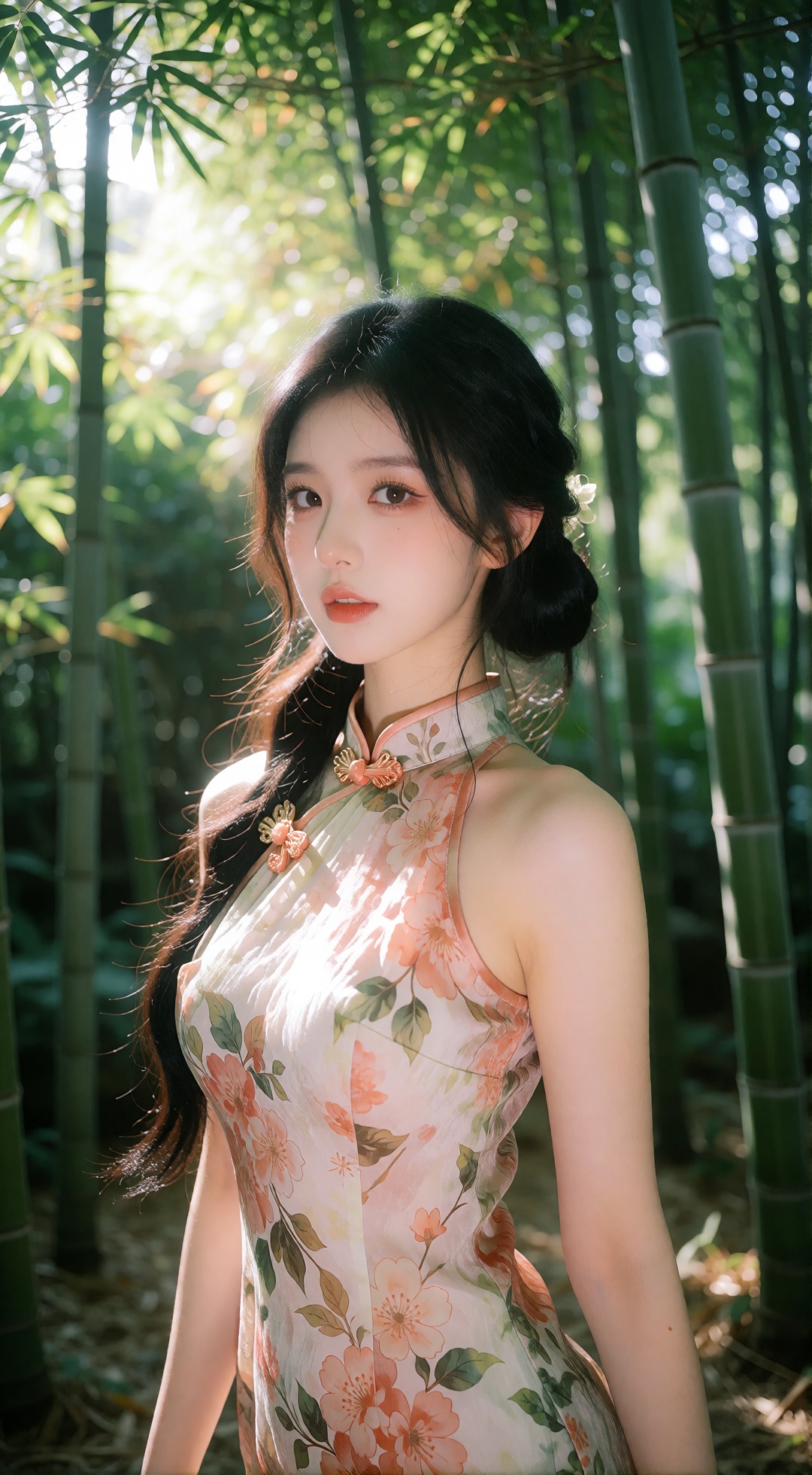 the image captures a serene and elegant scene set in a lush bamboo forest,  a young woman stands gracefully amidst tall,...