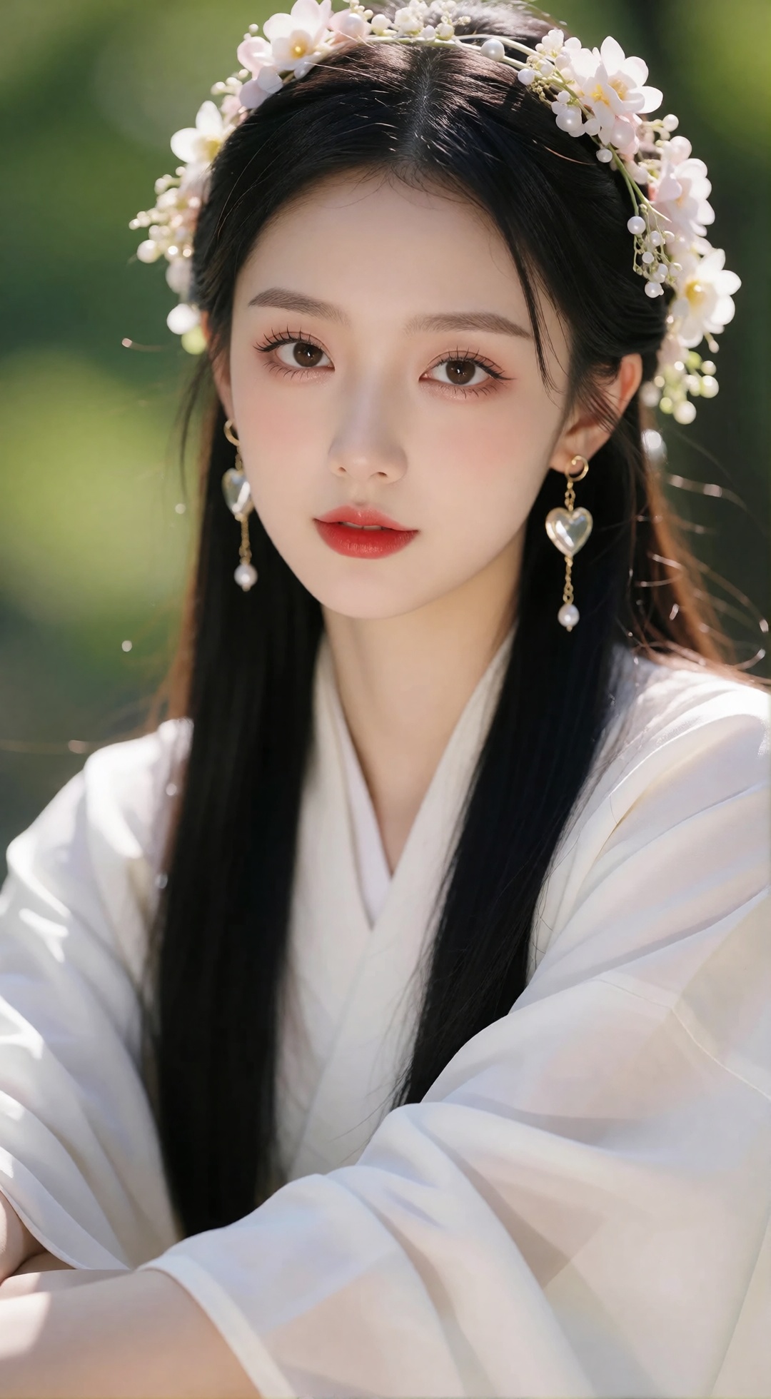 Photograph of an East Asian woman with fair skin and long straight black hair. She has delicate almond-shaped brown eyes w...