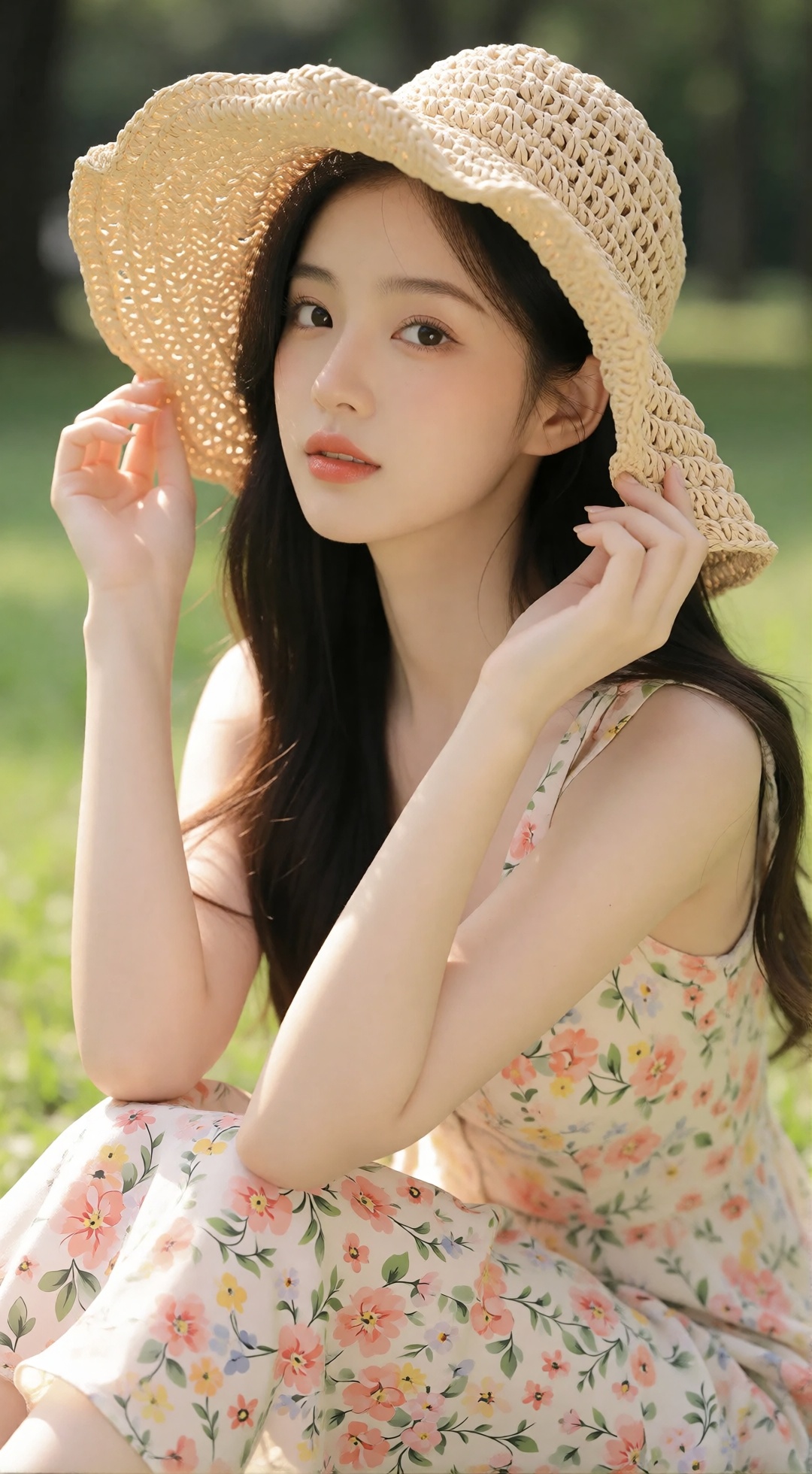 the image captures a serene outdoor scene featuring a young woman seated on grass,  bathed in soft natural light,  she wea...