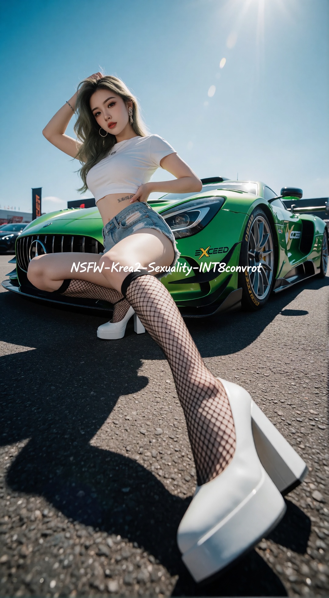 一位年轻女性以低角度姿态蹲坐在一辆亮绿色高性能跑车前,  她身穿白色短款T恤和破洞牛仔短裤,  搭配黑色渔网丝袜与白色厚底高跟鞋 on Tensor.Art