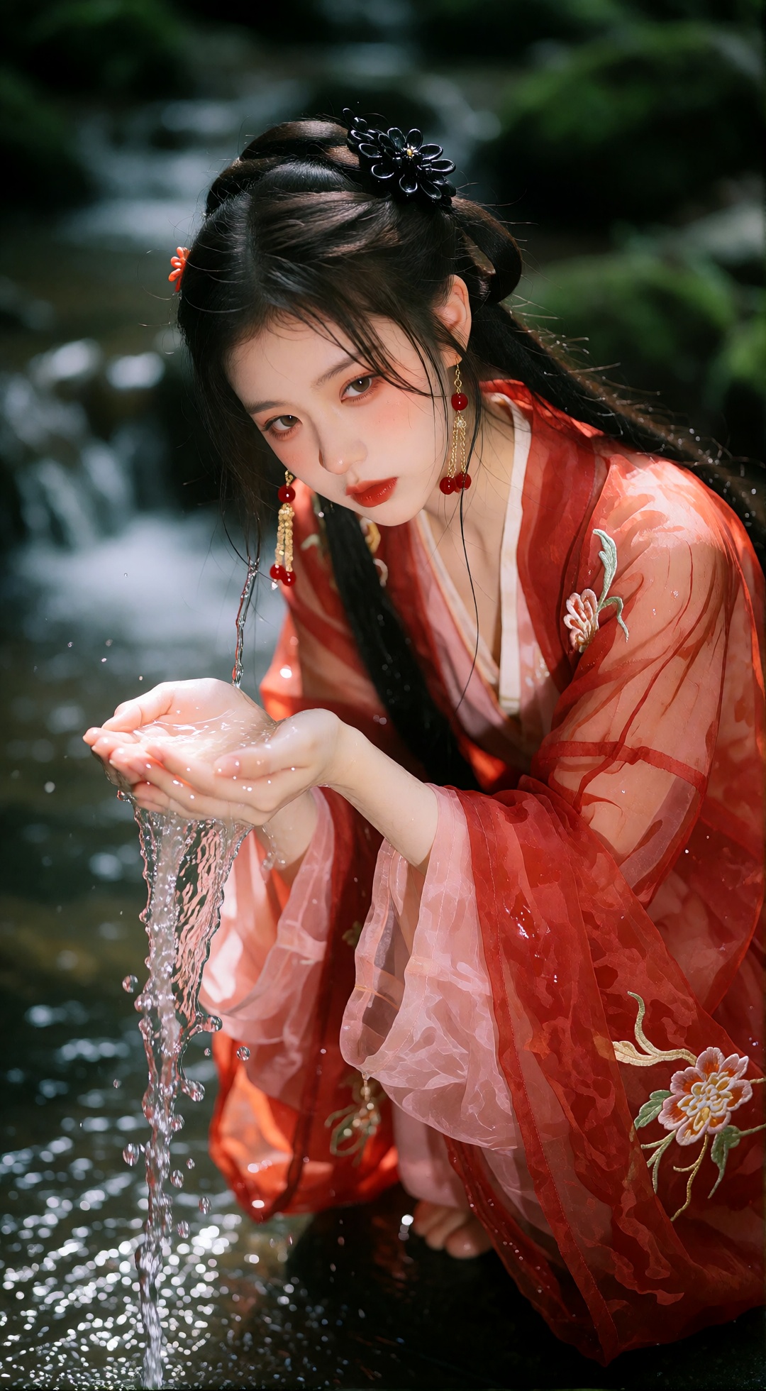 a young woman in traditional chinese attire kneels by a flowing stream,  her hands gently cupped as water cascades between...