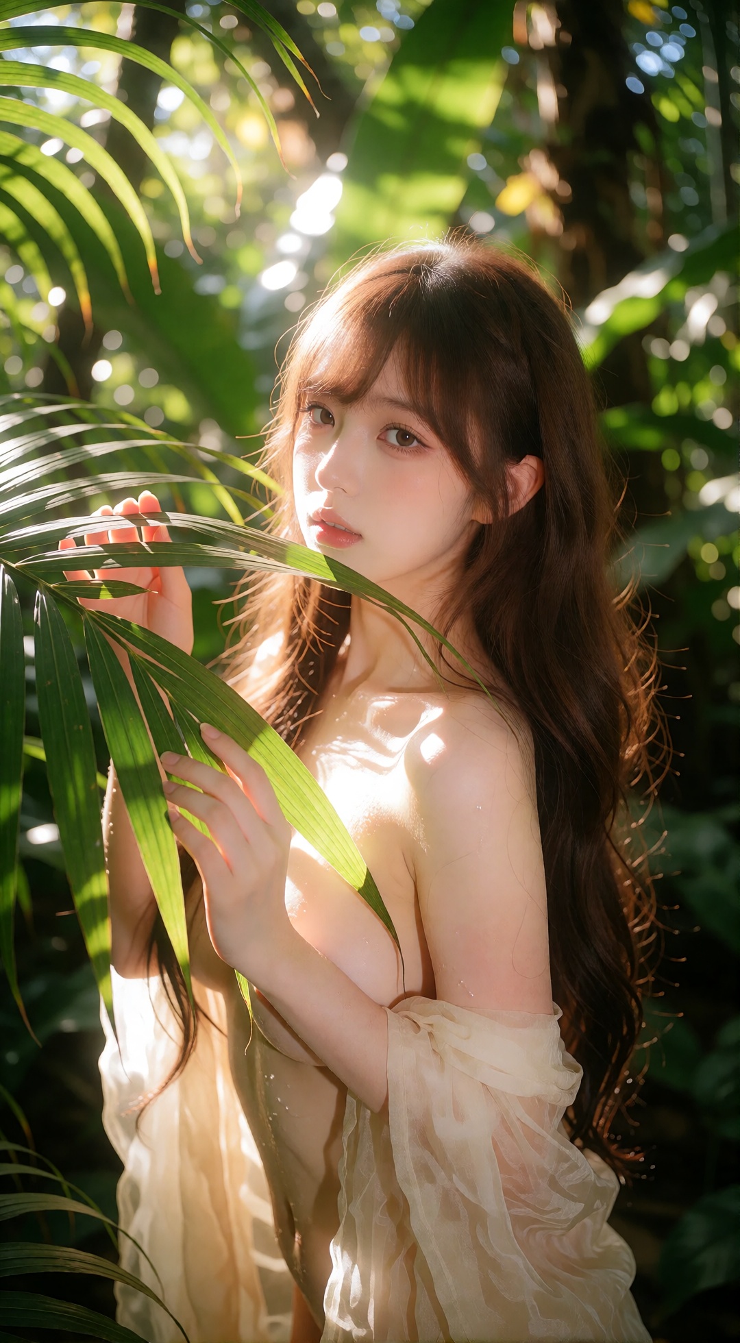 the image captures a serene,  sun-dappled scene in a lush,  tropical forest on Tensor.Art