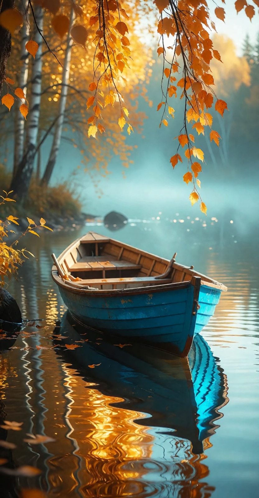 A serene autumn scene with a small empty wooden rowboat,  turquoise-blue hull and light-brown interior,  floating on calm...