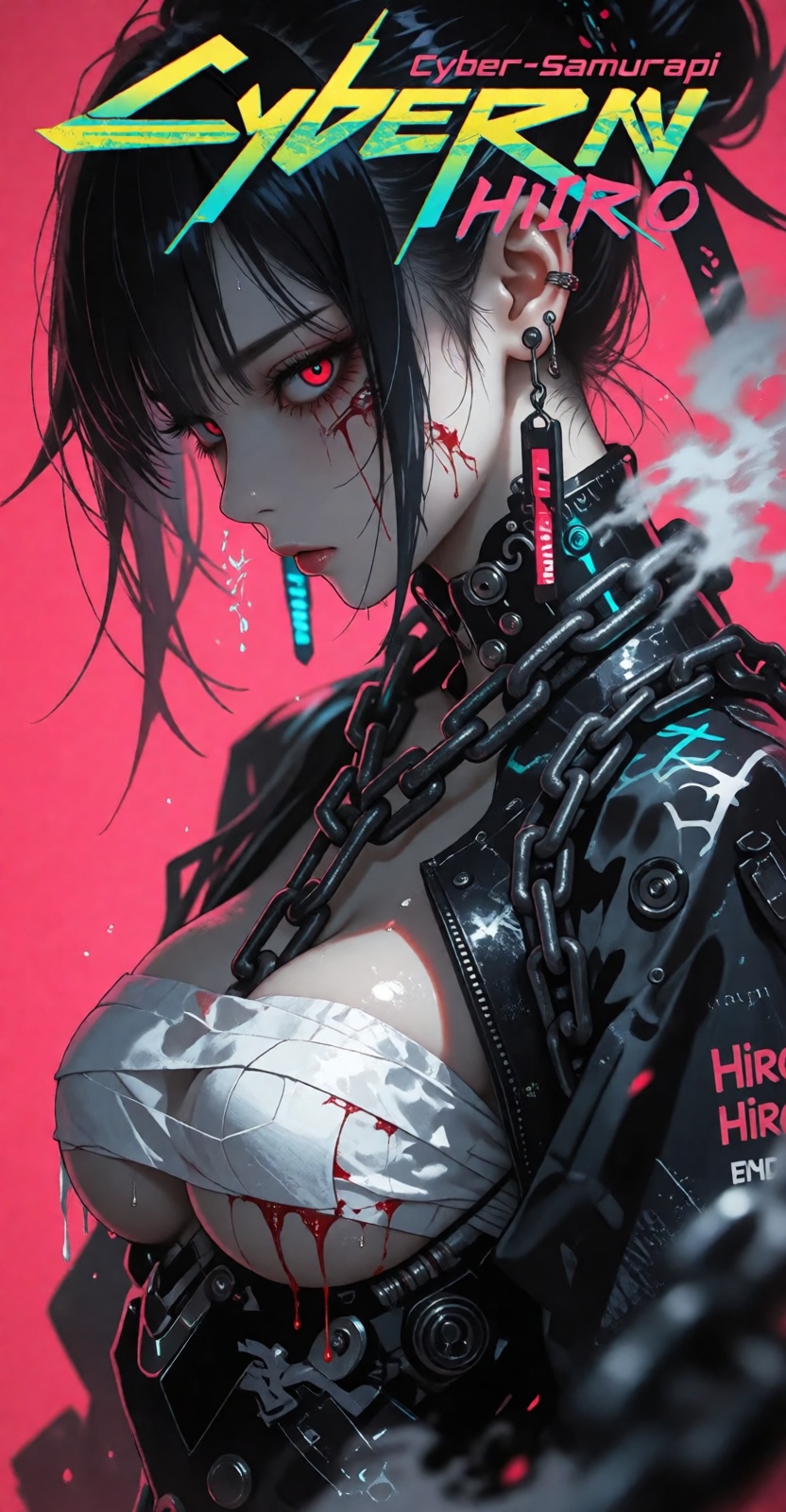In the style of anime,  a cyberpunk warriorin front of a solid intense pink background,  huge boobs on Tensor.Art
