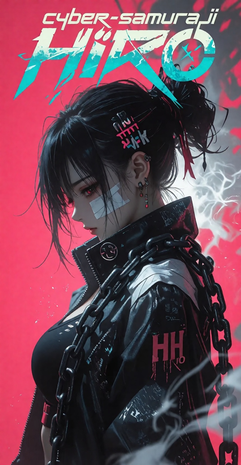 In the style of anime,  a cyberpunk warriorin front of a solid intense pink background,  huge boobs on Tensor.Art