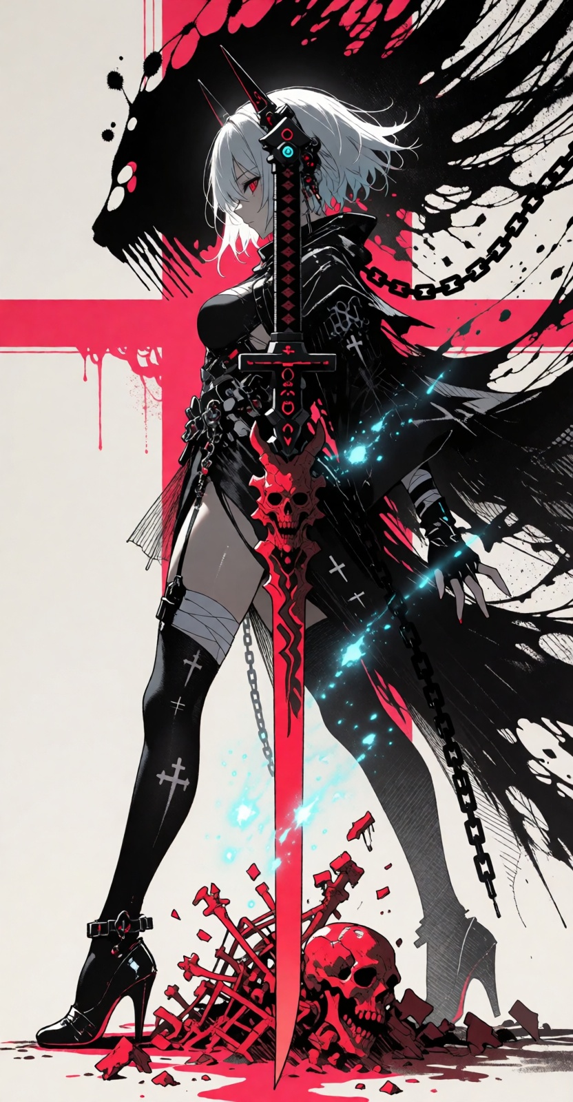 In the style of anime,  a cyberpunk warriorin front of a solid intense pink background,  huge boobs on Tensor.Art