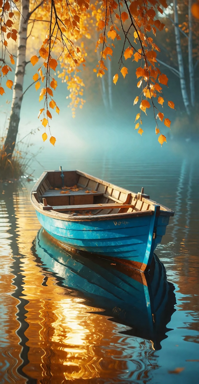 A serene autumn scene with a small empty wooden rowboat,  turquoise-blue hull and light-brown interior,  floating on calm...