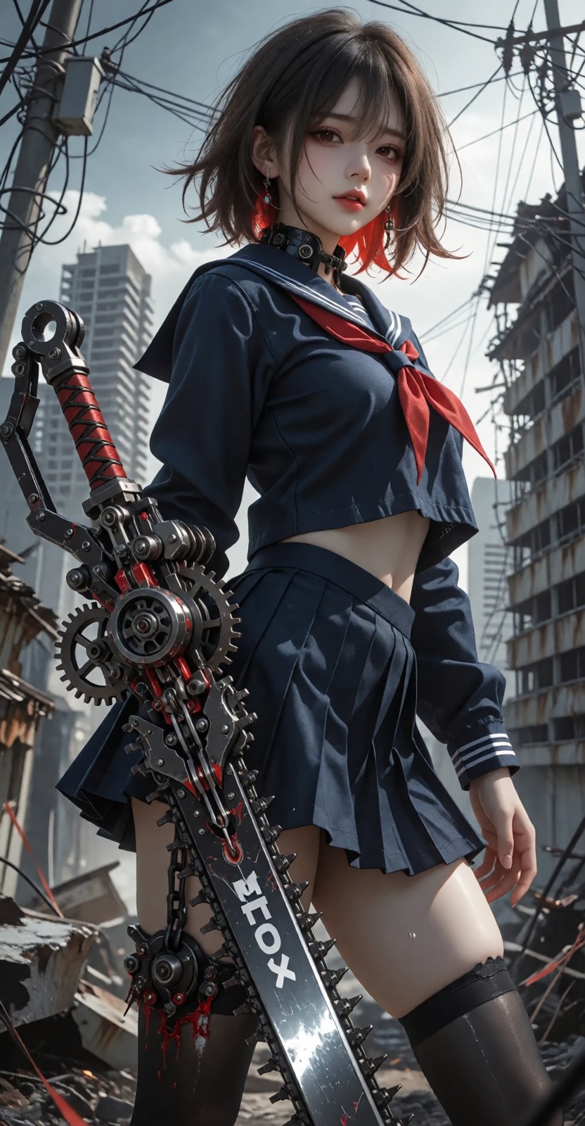 A gritty GOD EATER scene: A petite Japanese girl in a sailor school uniform miniskirt stands strong amidst the ruins of a...
