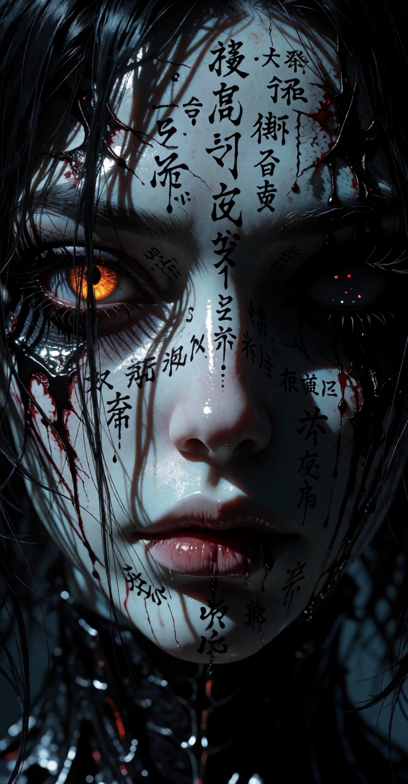 Ngam? Extreme close-up portrait of a mysterious,  dark fantasy female character with pale,  cold on Tensor.Art