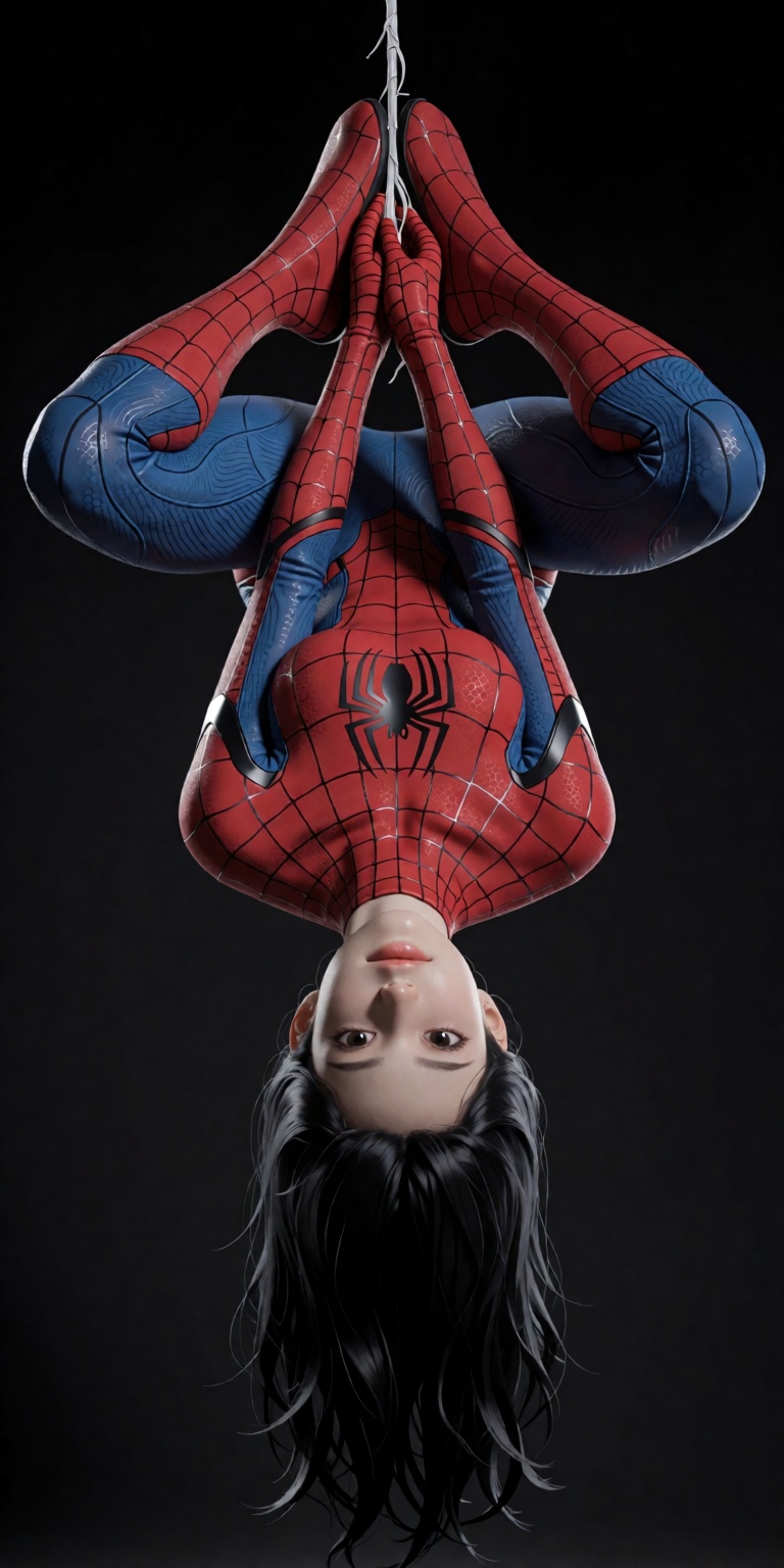 an ultra-realistic studio portrait of a beautiful young East Asian woman hanging upside down from a single web strand. She...