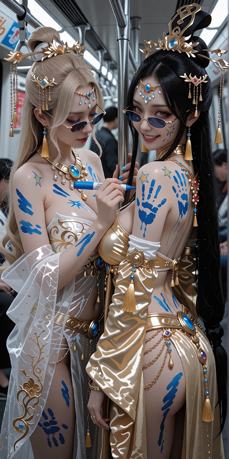 Two ***** Asian women stand in a modern subway car,  wearing gorgeous and exquisite gold and white oriental fantasy-style...
