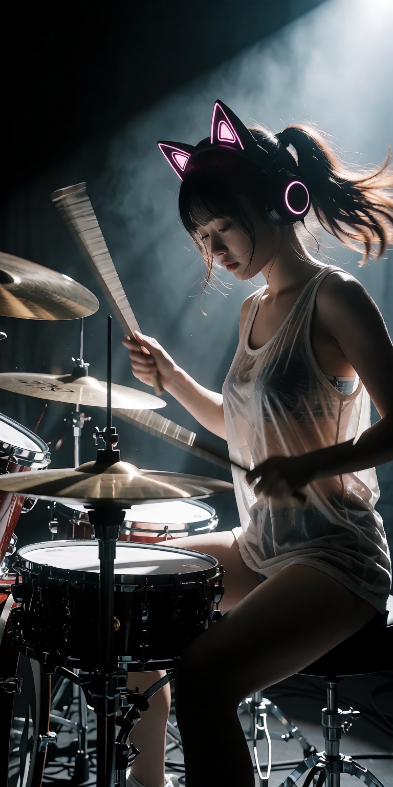 Drumer beats Ultra-photorealistic IMAX cinematic shot of asian female drummer captured from a front 3/4 diagonal angle,  s...