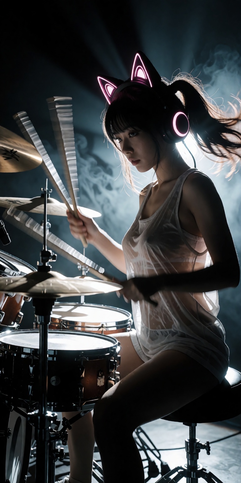 Drumer beats Ultra-photorealistic IMAX cinematic shot of asian female drummer captured from a front 3/4 diagonal angle,  s...