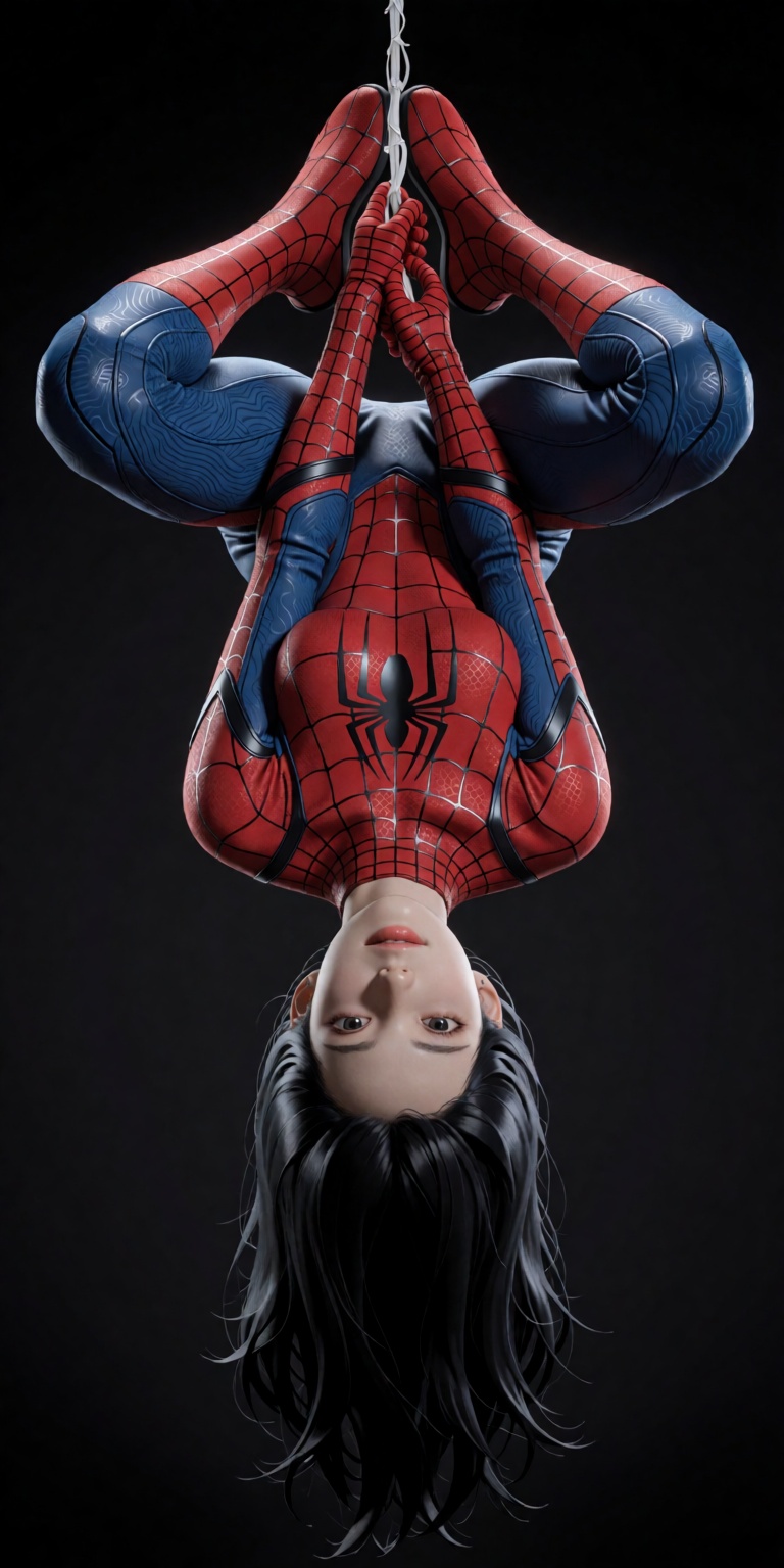 an ultra-realistic studio portrait of a beautiful young East Asian woman hanging upside down from a single web strand. She...