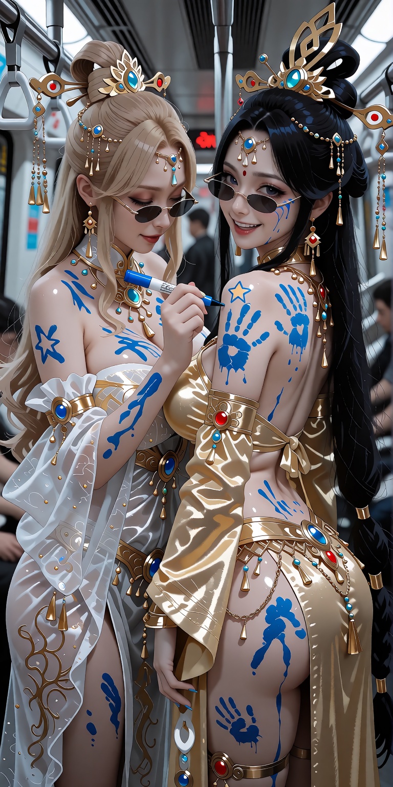 Two ***** Asian women stand in a modern subway car,  wearing gorgeous and exquisite gold and white oriental fantasy-style...