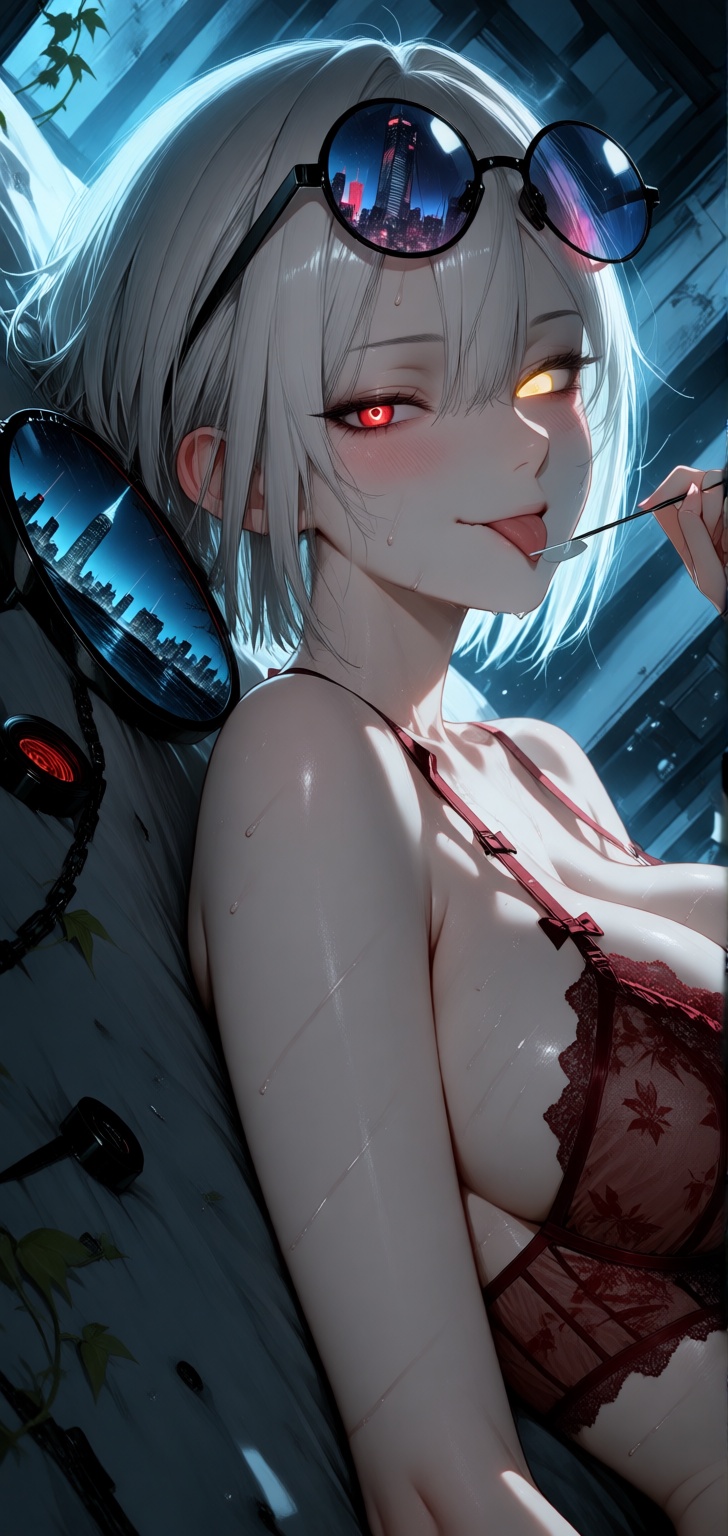 A close-up of a 1girl with silver,  messy hair and heterochromia,  multicolored eyes with vibrant irises and an intense ga...