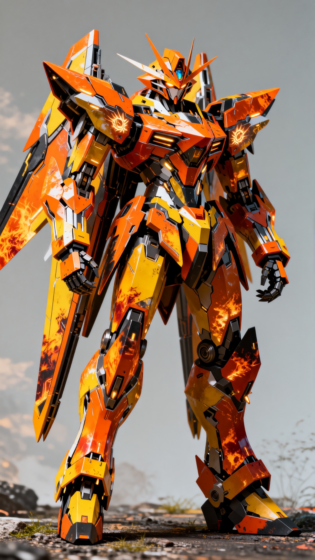 This is a highly detailed photograph of a large,  futuristic mecha robot standing on a rocky,  overcast landscape. The mec...