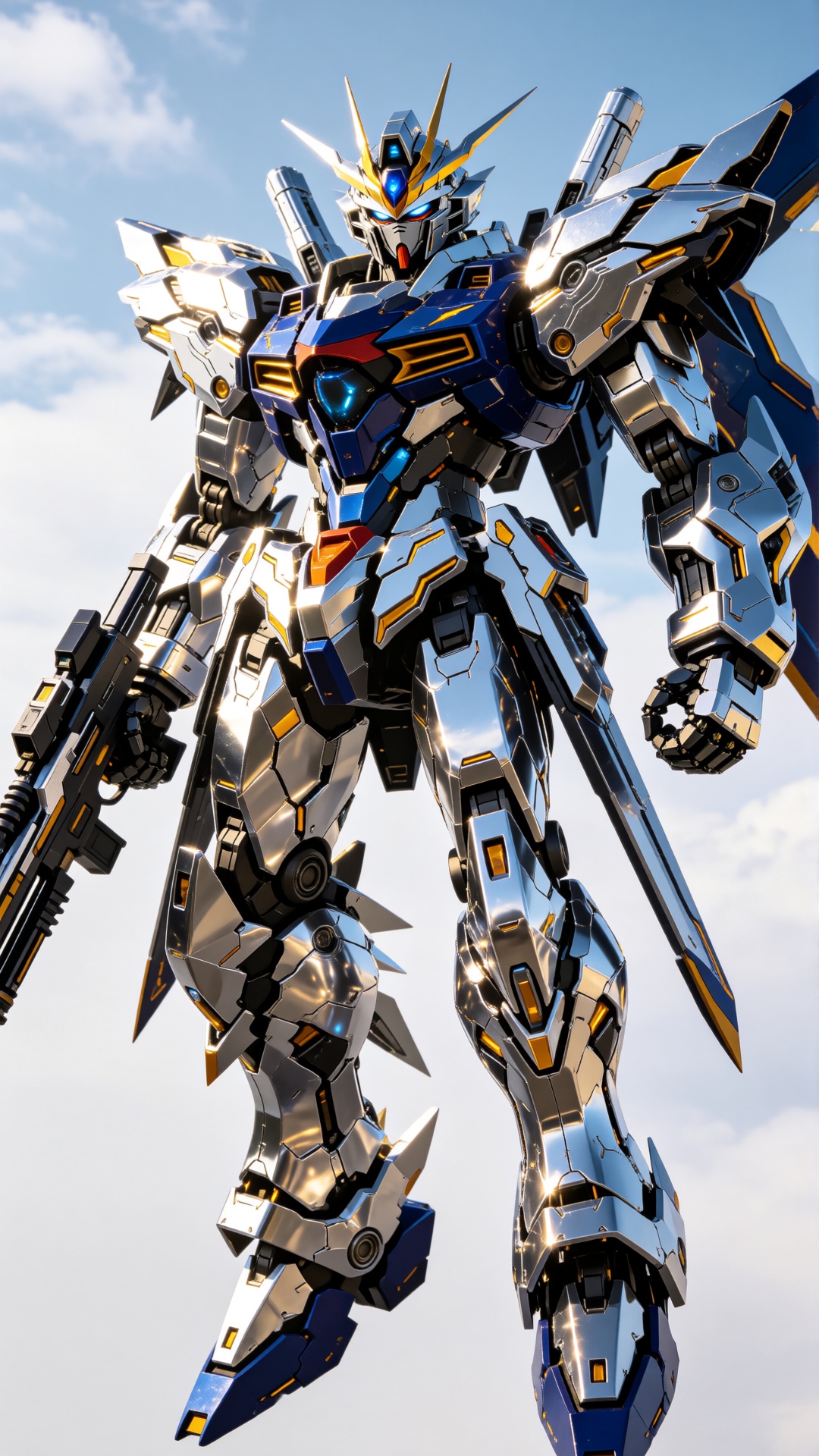 Photograph of a towering,  highly detailed,  silver and blue robotic mecha against a clear on Tensor.Art