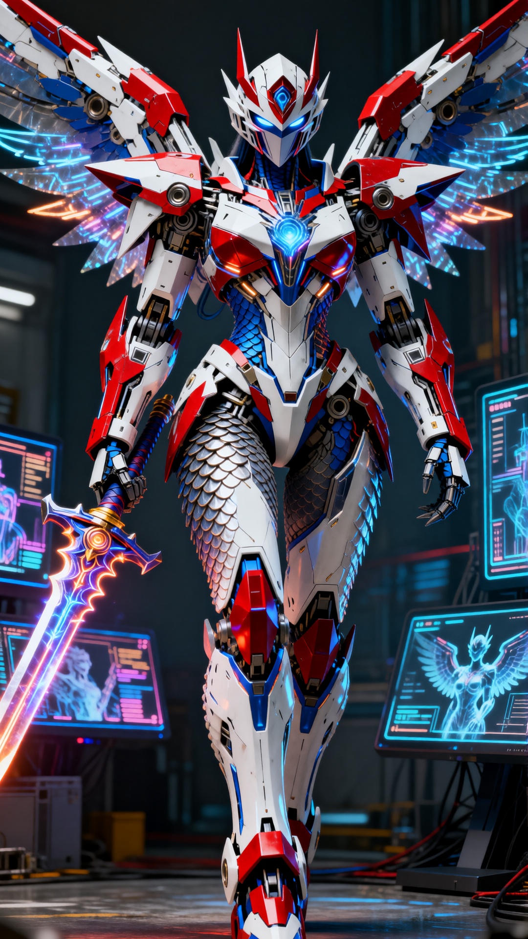 This is a highly detailed CGI image of a futuristic,  humanoid female robot with an angelic appearance. The robot has a wh...