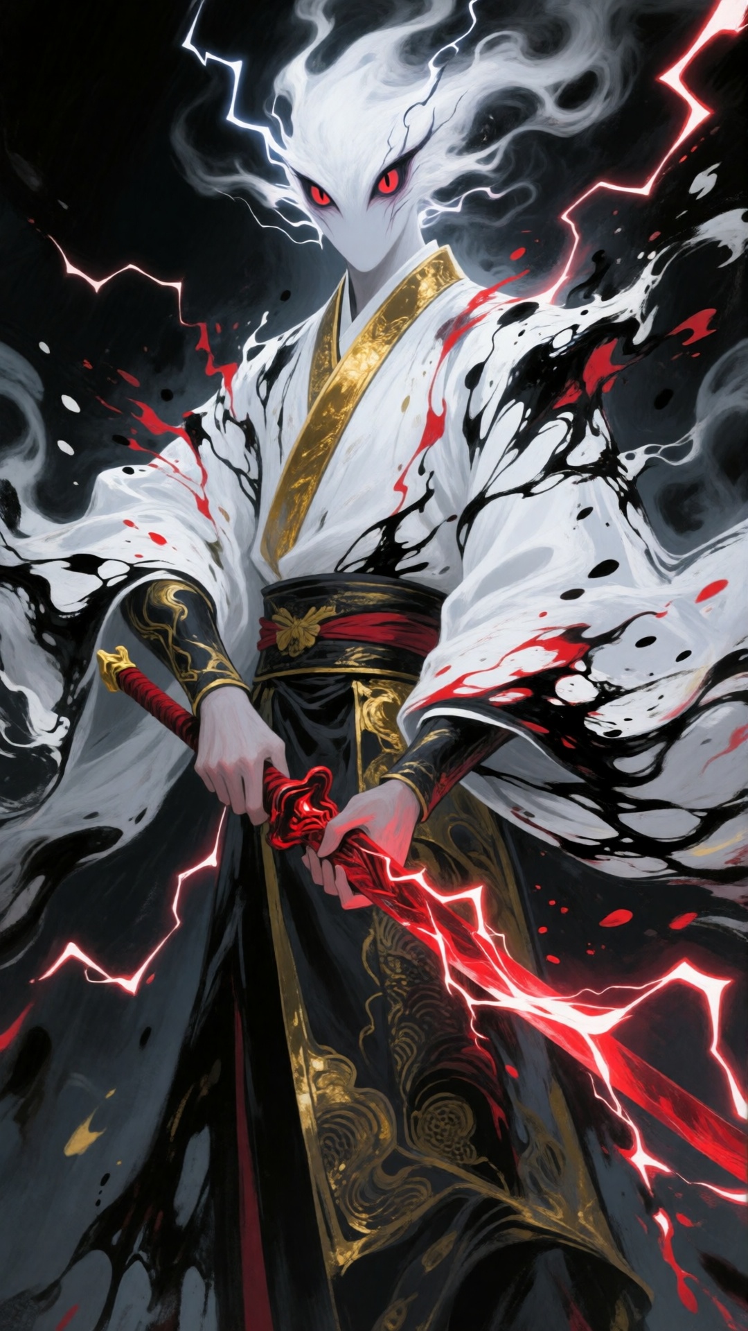 this digital painting depicts a menacing,  supernatural figure with a white,  ghostly face and piercing red eyes on Tensor...