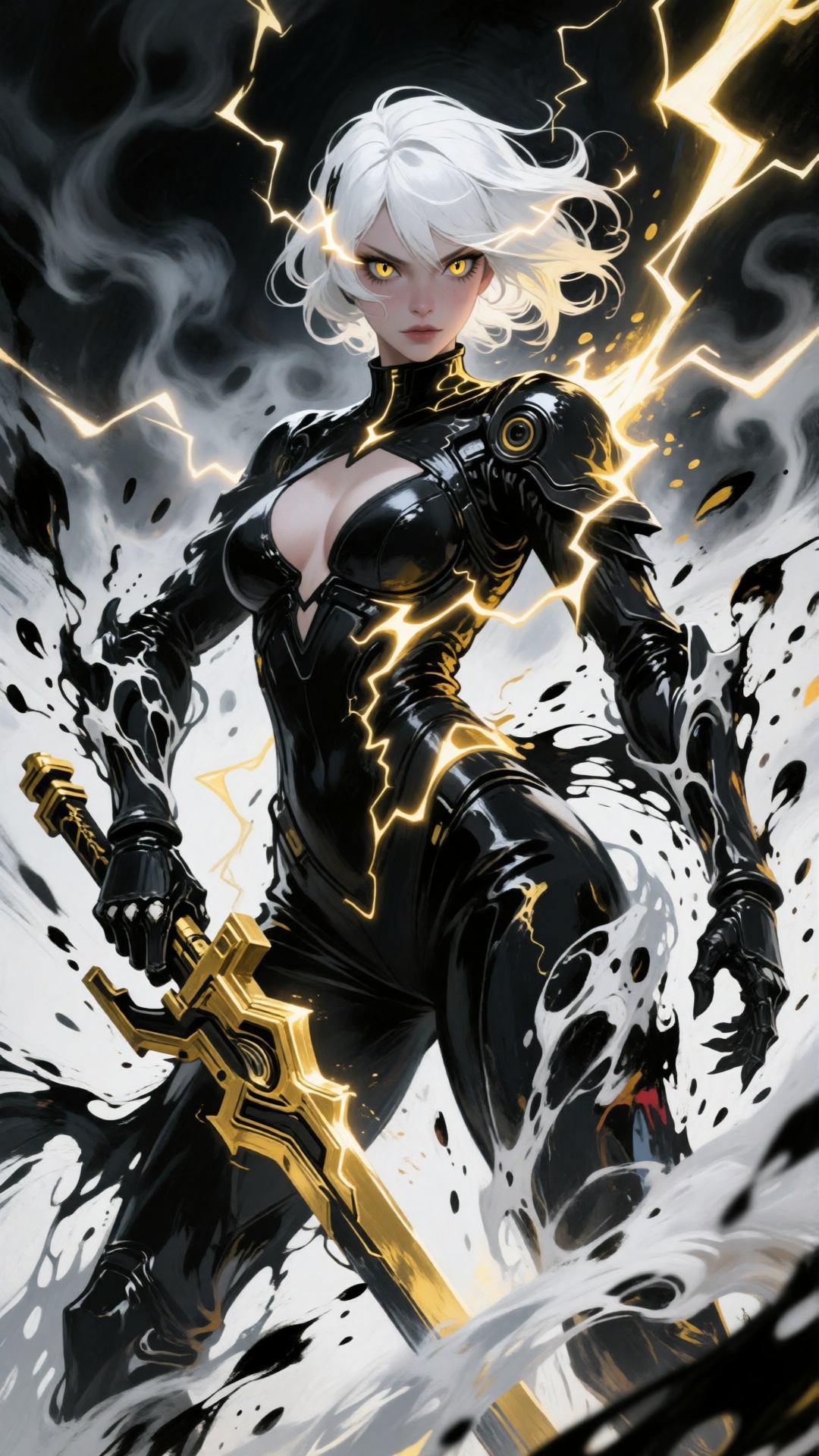 digital artwork of a fierce,  white-haired woman with glowing yellow eyes,  standing in a dynamic pose on Tensor.Art