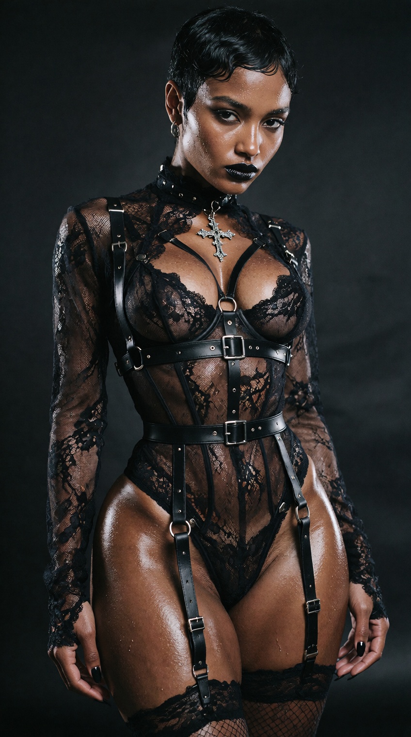 dark fetish editorial,  ***** Ethiopian female model,  dark wet skin on Tensor.Art