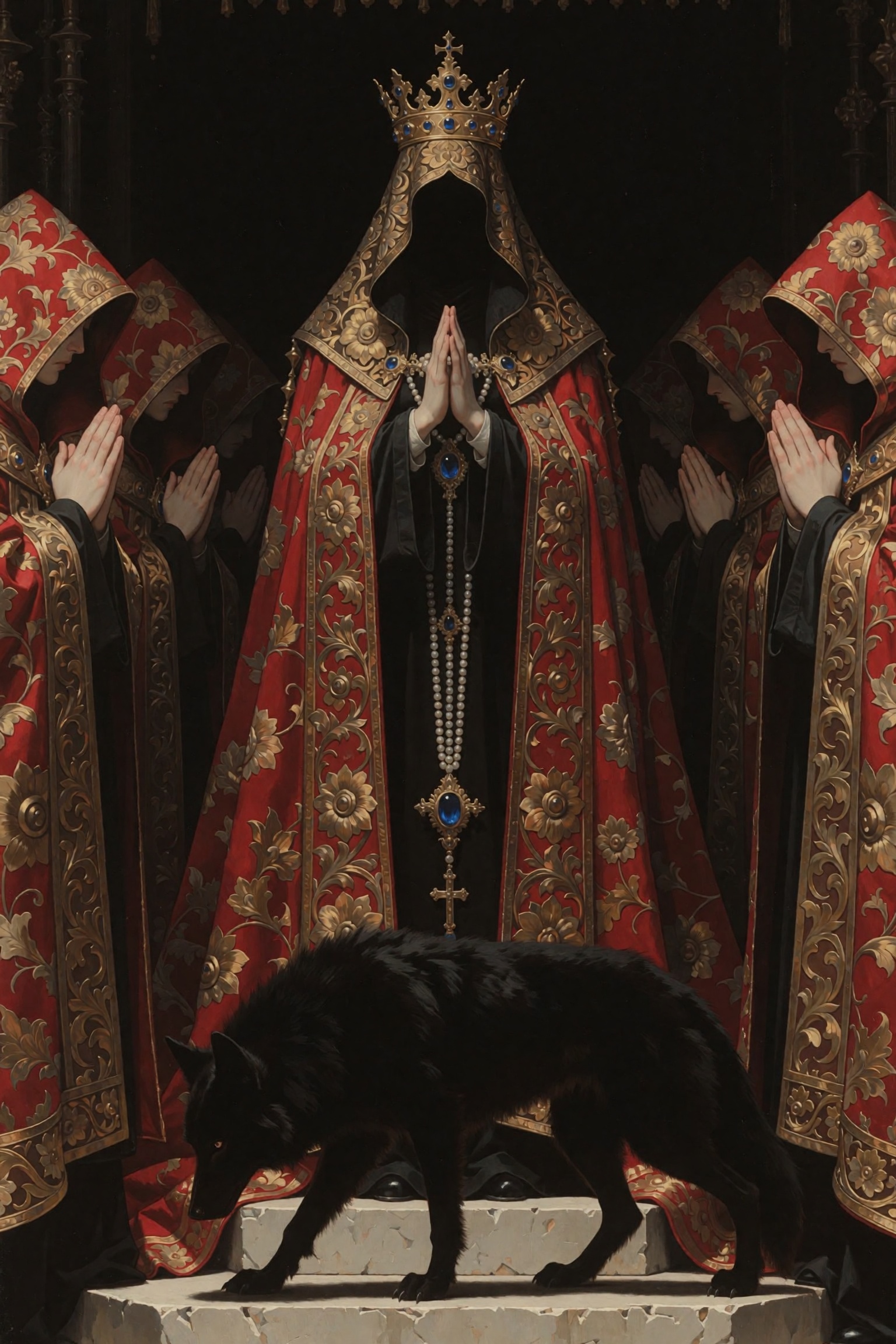 A dark symbolist oil painting of an occult coronation rite,  masterpiece-level,  extremely detailed. A tall hooded soverei...